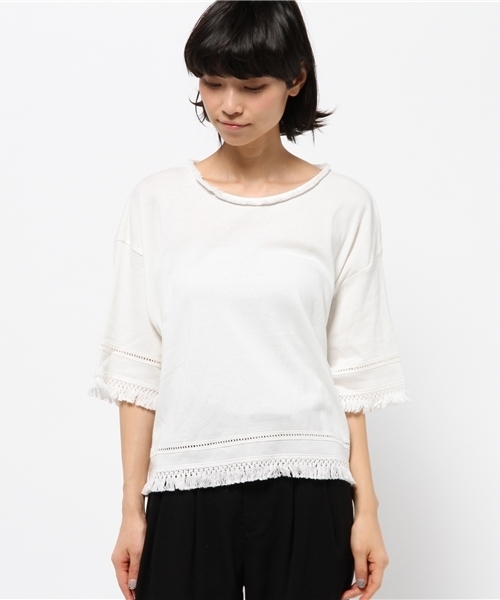 OUTLET（アウトレット）の「【mystic】ハシゴレースフリンジTシャツ（Tシャツ/カットソー・レディース・オフホワイト/ネイビー/カーキ/ブラック・FREE）」の5枚目の写真