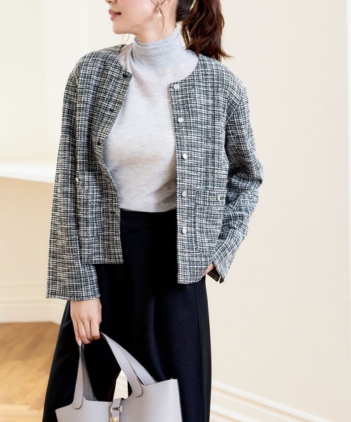 CROSS FUNCTION（クロスファンクション）の「《洗える・ストレッチ・シワになりにくい》正解 ツイードノーカラージャケット【CF/クロスファンクション】（ノーカラージャケット・レディース・ブラック/アイボリー・LL/M/L）」の2枚目の写真