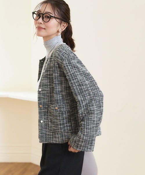 CROSS FUNCTION（クロスファンクション）の「《洗える・ストレッチ・シワになりにくい》正解 ツイードノーカラージャケット【CF/クロスファンクション】（ノーカラージャケット・レディース・ブラック/アイボリー・LL/M/L）」の6枚目の写真