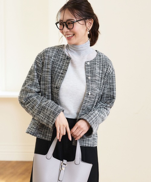 CROSS FUNCTION（クロスファンクション）の「《洗える・ストレッチ・シワになりにくい》正解 ツイードノーカラージャケット【CF/クロスファンクション】（ノーカラージャケット・レディース・ブラック/アイボリー・LL/M/L）」の3枚目の写真