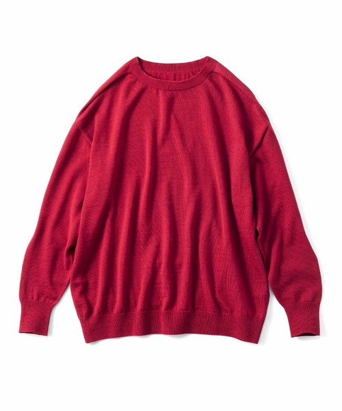 レッド ニットセーター 長袖 立体ロゴ THREE FIFTY STANDARD メリノウールのベーシック