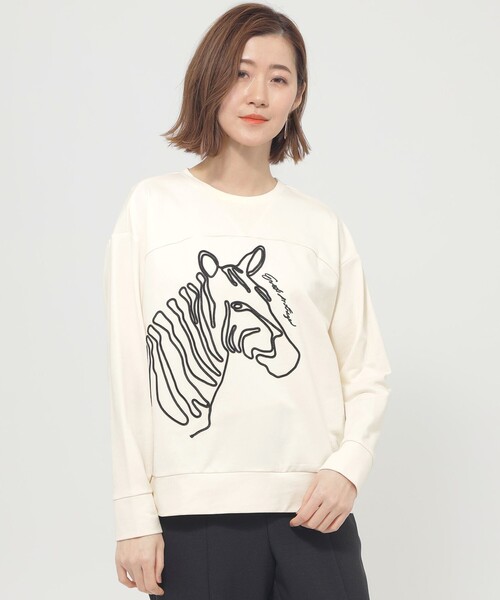 EVEX by KRIZIA(エヴェックスバイクリツィア)の「【ウォッシャブル】ゼブラコードエンブロイダリースウェット(Tシャツ/カットソー・レディース・オフホワイト/ダークネイビー/イエロー・40)」の2枚目の写真