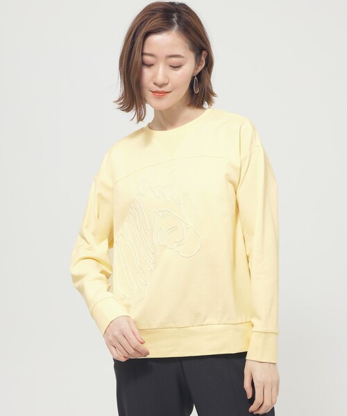 EVEX by KRIZIA(エヴェックスバイクリツィア)の「【ウォッシャブル】ゼブラコードエンブロイダリースウェット(Tシャツ/カットソー・レディース・オフホワイト/ダークネイビー/イエロー・40)」の1枚目の写真