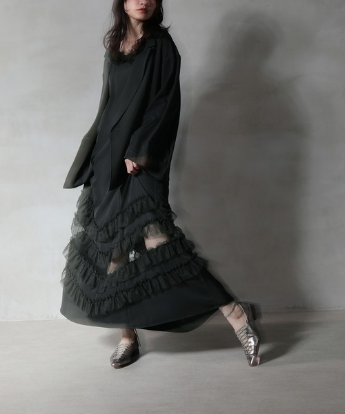Kana（カナ）の「裾フリルキャミワンピース オーバーサイズジャケット 2点セット ドレス パーティー デイリー 結婚式 お呼ばれ（ドレス・レディース・チャコールグレー/ブラック/グレイッシュベージュ/ブラウン・M/S/L/SS）」の12枚目の写真