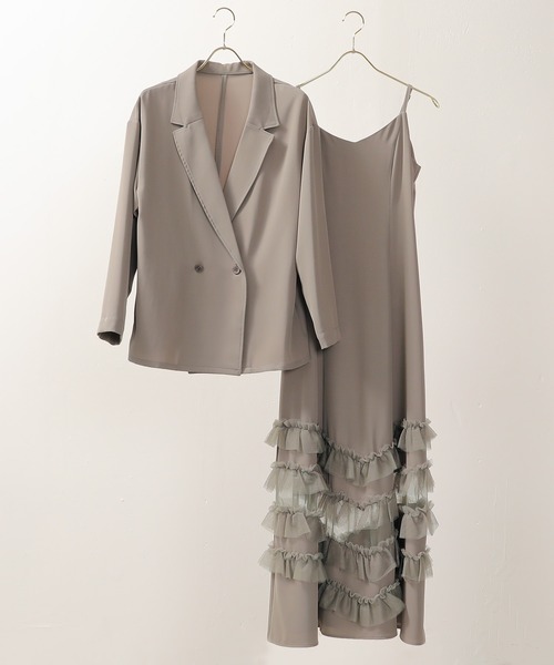 裾フリルキャミワンピース オーバーサイズジャケット 2点セット ドレス