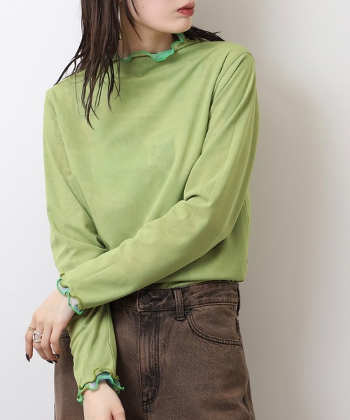 BRODIAEA(ブローディア)の「BRODIAEA メッシュメロウトップス リバーシブル可 転写プリント×無地(Tシャツ/カットソー・レディース・ブラック/ライム・40)」の9枚目の写真