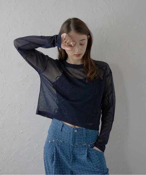 cord embroidery sheer knit tops / コード刺繍シアーニットトップス