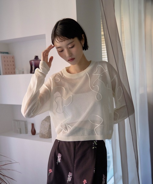 cord embroidery sheer knit tops / コード刺繍シアーニットトップス
