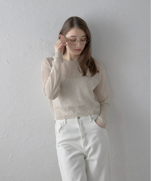 cord embroidery sheer knit tops / コード刺繍シアーニットトップス