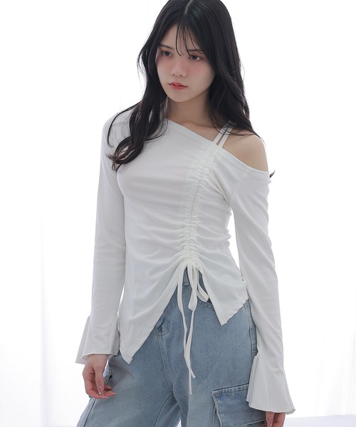 one off shoulder shirring tops/ワンオフショルダー