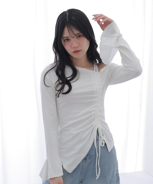 one off shoulder shirring tops/ワンオフショルダー