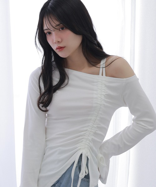 one off shoulder shirring tops/ワンオフショルダー