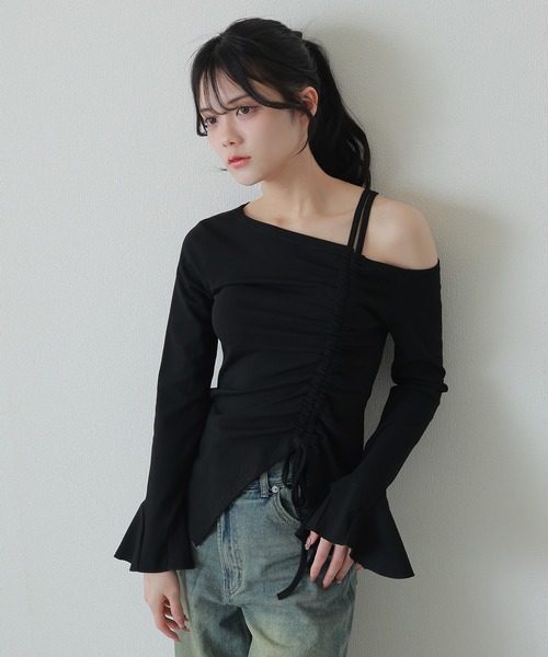 one off shoulder shirring tops/ワンオフショルダー