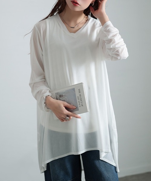 GOLDJAPAN(ゴールドジャパン)の「ストレッチカットシフォンコクーンチュニック【大きいサイズ対応】(チュニック・レディース・オフホワイト/ブラック・LL/3L/4L/5L)」の1枚目の写真