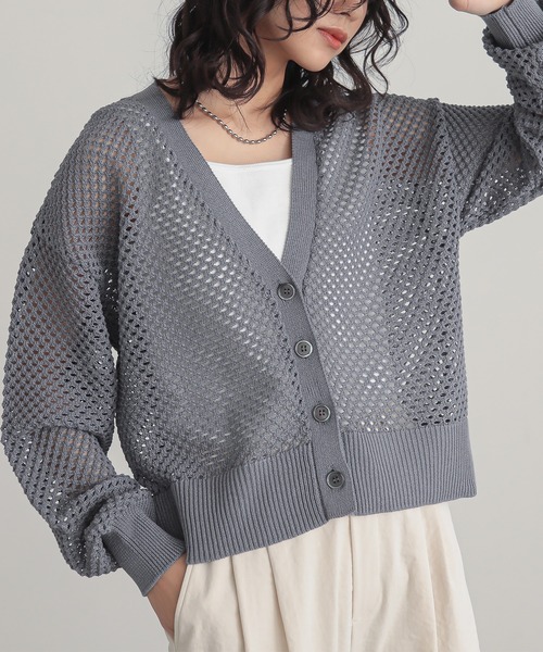 Minus (−)メッシュ ブラックカーディガン セール】メッシュVカーディガン【サスティナブル】（カーディガン