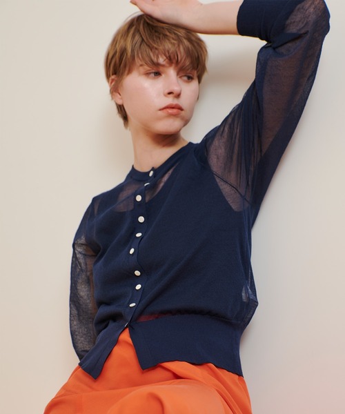 新品　allureville 青 ニットカーディガン 長袖 ボタン付き シアーラミーカーディガン（カーディガン/ボレロ）｜allureville