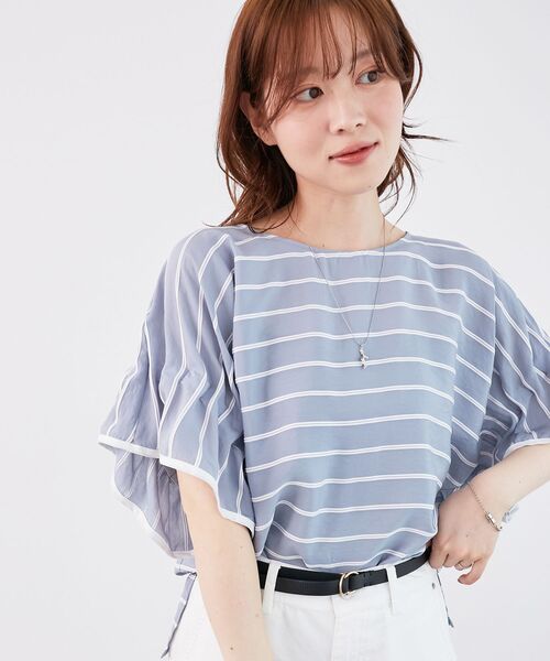 le.coeur blanc(ルクールブラン)の「《手洗い可能》ドビーボーダーギャザーブラウス(シャツ/ブラウス・レディース・ブルー系その他3/ホワイト系その他/ブラック系その他・38)」の3枚目の写真