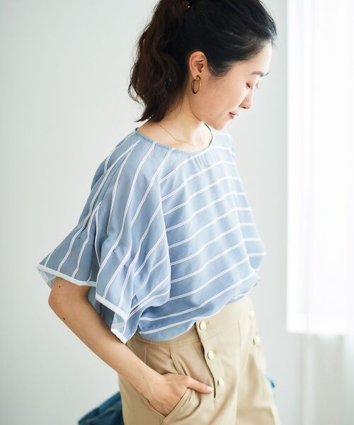 le.coeur blanc(ルクールブラン)の「《手洗い可能》ドビーボーダーギャザーブラウス(シャツ/ブラウス・レディース・ブルー系その他3/ホワイト系その他/ブラック系その他・38)」の4枚目の写真