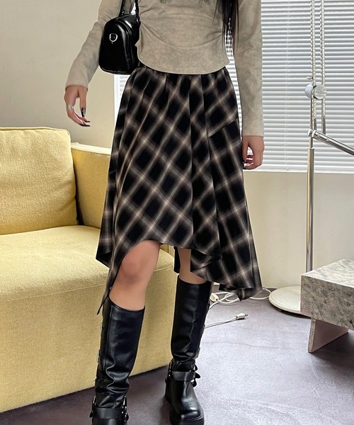 セール】asymmetry check pattern skirt / アシンメトリー