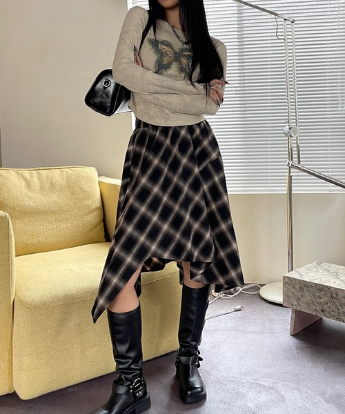 セール】asymmetry check pattern skirt / アシンメトリー