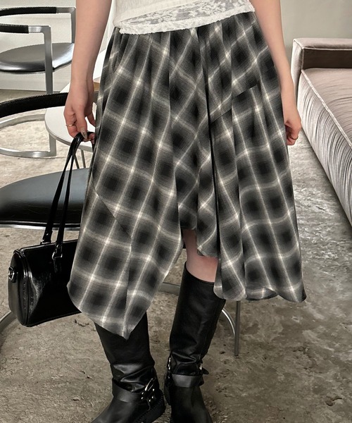 セール】asymmetry check pattern skirt / アシンメトリー