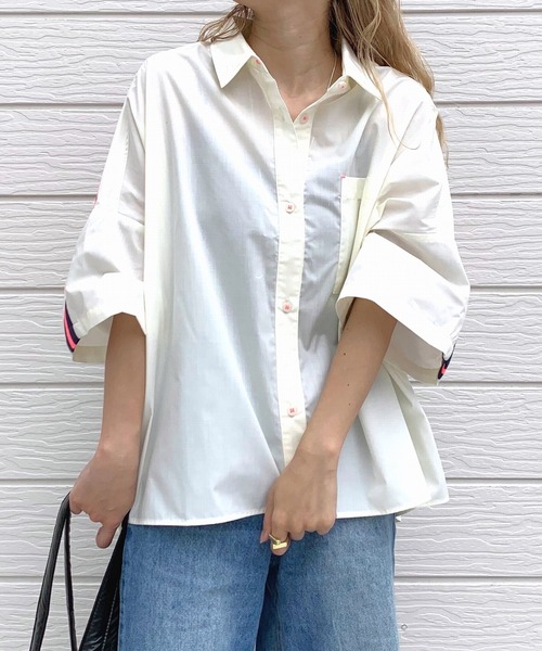 Q（キュー）の「ヨークリブ半袖シャツ（シャツ/ブラウス・レディース・ホワイト/オリーブ・MEDIUM）」の9枚目の写真