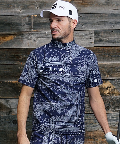 DIVINER GOLF】ペイズリー柄半袖モックネック Tシャツ メンズ 襟付き