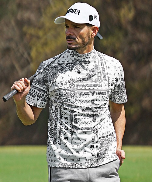DIVINER GOLF】ペイズリー柄半袖モックネック Tシャツ メンズ 襟付き