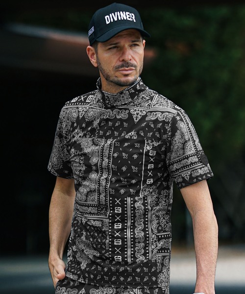 DIVINER GOLF】ペイズリー柄半袖モックネック Tシャツ メンズ 襟