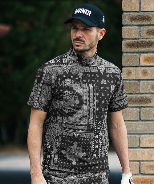 DIVINER GOLF】ペイズリー柄半袖モックネック Tシャツ メンズ 襟付き