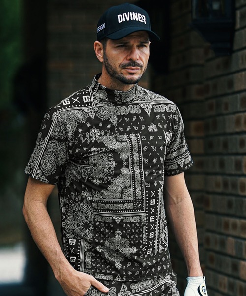 DIVINER GOLF】ペイズリー柄半袖モックネック Tシャツ メンズ 襟付き