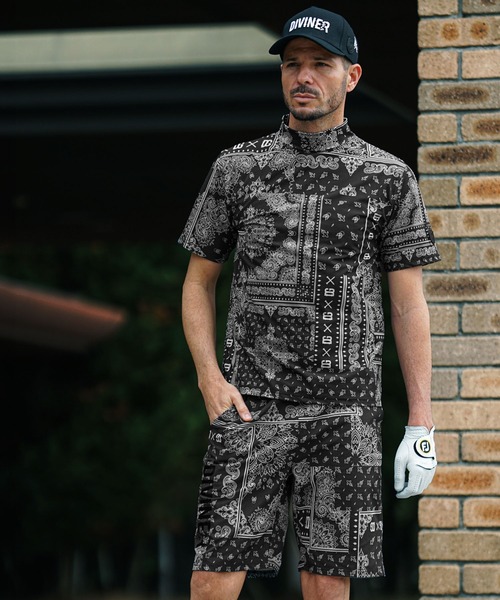 DIVINER GOLF】ペイズリー柄半袖モックネック Tシャツ メンズ 襟付き