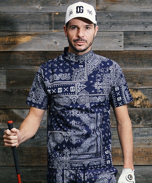 DIVINER GOLF】ペイズリー柄半袖モックネック Tシャツ メンズ 襟付き