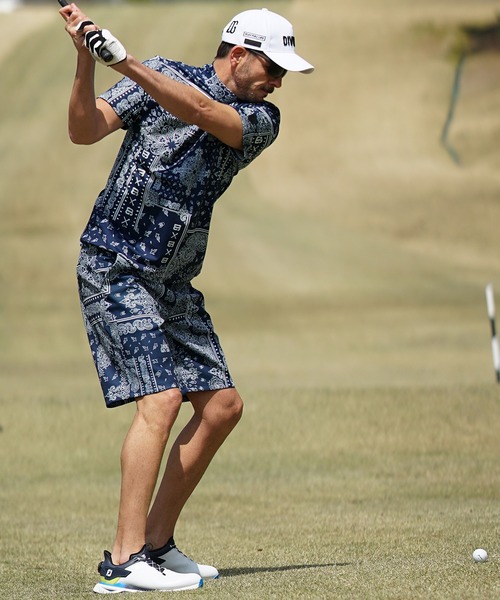 DIVINER GOLF】ペイズリー柄半袖モックネック Tシャツ メンズ 襟付き