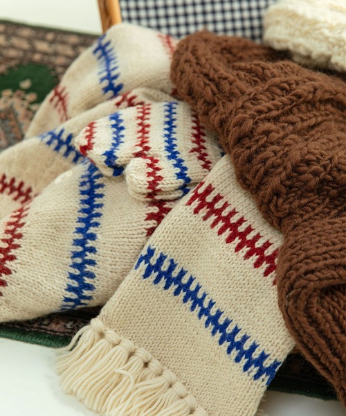 PAR ICI（パーリッシィ）の「【WEB限定】ネパールハンドニット レールマルチボーダー ひも付きミトン（手袋・レディース・オフホワイト・FREE）」の2枚目の写真