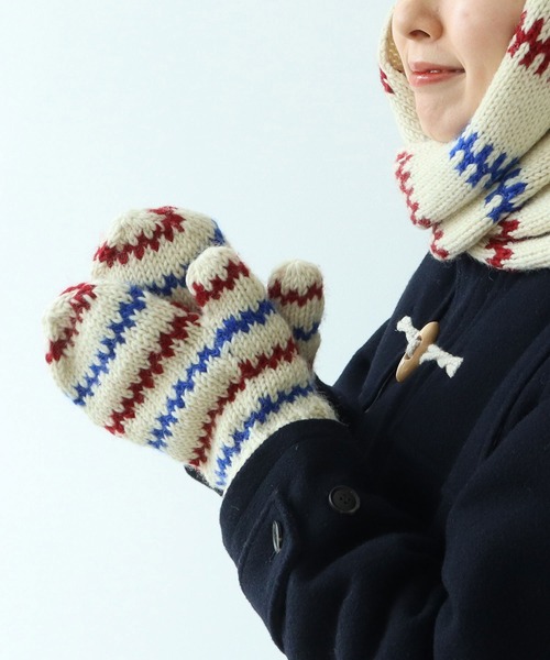 PAR ICI（パーリッシィ）の「【WEB限定】ネパールハンドニット レールマルチボーダー ひも付きミトン（手袋・レディース・オフホワイト・FREE）」の7枚目の写真