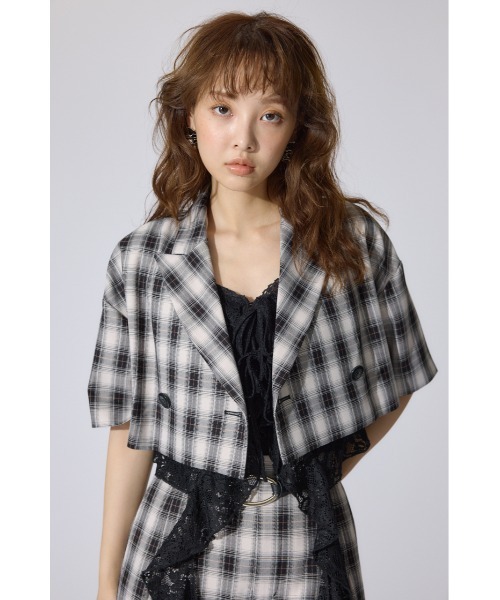 柔らかな質感の セール】チェッククロップドハーフスリーブジャケット 夏服 半袖 トップス