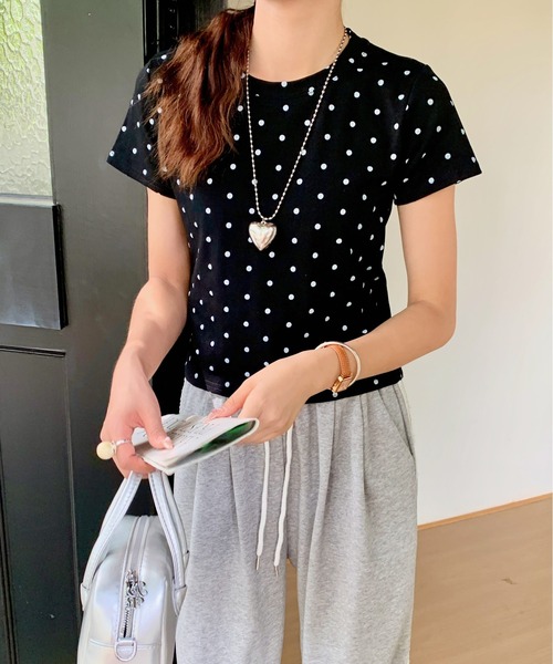 tシャツ アニマル調ドット柄ジャージーカットソー/洗える レディース セール】ドット柄ショートTシャツ シュシュSET（Tシャツ