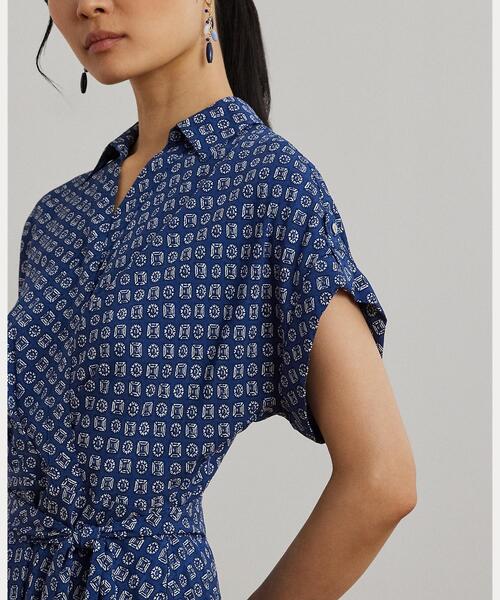 Ralph Laurenラルフローレンジオプリント柄スタイリッシュワンピ ジオプリント ベルテッド クレープ ドレス（ワンピース