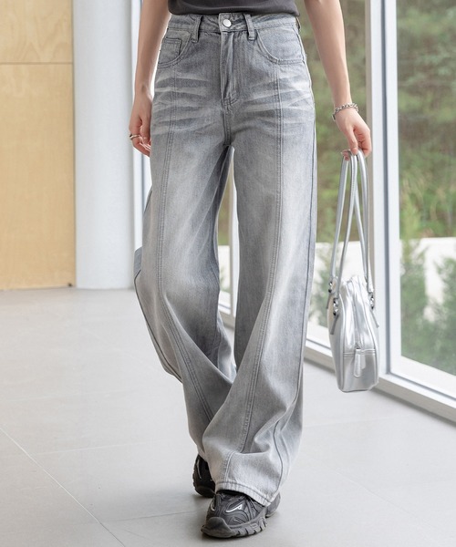 DAY CLOSET(デイ クローゼット)の「【大きいサイズ有】トレンドライクなワイドシルエット。ウォッシュ加工 ハイウエスト センターライン デニムパンツ レディース(デニムパンツ・レディース・ブルー/グレー・S/M/L/XL/2XL)」の2枚目の写真