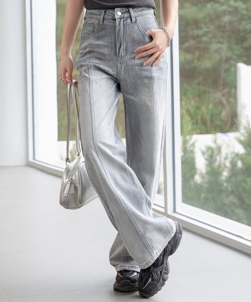 DAY CLOSET(デイ クローゼット)の「【大きいサイズ有】トレンドライクなワイドシルエット。ウォッシュ加工 ハイウエスト センターライン デニムパンツ レディース(デニムパンツ・レディース・ブルー/グレー・S/M/L/XL/2XL)」の3枚目の写真