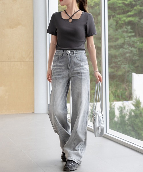 DAY CLOSET(デイ クローゼット)の「【大きいサイズ有】トレンドライクなワイドシルエット。ウォッシュ加工 ハイウエスト センターライン デニムパンツ レディース(デニムパンツ・レディース・ブルー/グレー・S/M/L/XL/2XL)」の6枚目の写真