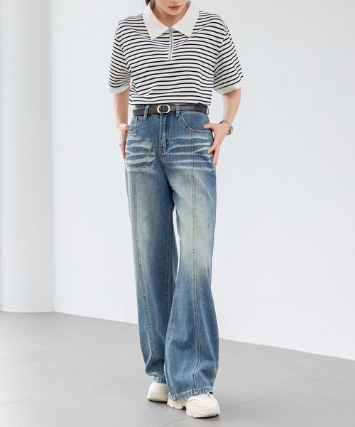 DAY CLOSET(デイ クローゼット)の「【大きいサイズ有】トレンドライクなワイドシルエット。ウォッシュ加工 ハイウエスト センターライン デニムパンツ レディース(デニムパンツ・レディース・ブルー/グレー・S/M/L/XL/2XL)」の12枚目の写真
