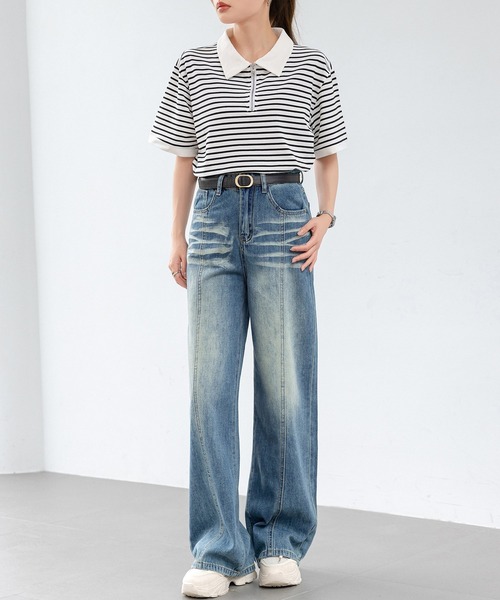 DAY CLOSET(デイ クローゼット)の「【大きいサイズ有】トレンドライクなワイドシルエット。ウォッシュ加工 ハイウエスト センターライン デニムパンツ レディース(デニムパンツ・レディース・ブルー/グレー・S/M/L/XL/2XL)」の13枚目の写真