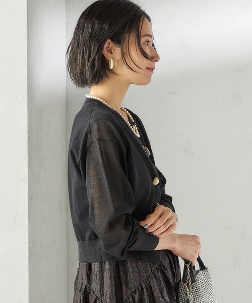 トラッツォドンナ 麻混シアー襟付きパールカーディガン 定価15950 Torrazzo Donna（トラッゾドンナ）の「麻混シアー襟付パール
