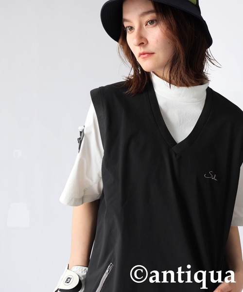 antiqua(アンティカ)の「ロゴ刺繍Vネックベスト(ベスト・レディース・ブラック/ホワイト・ONESIZE)」の2枚目の写真