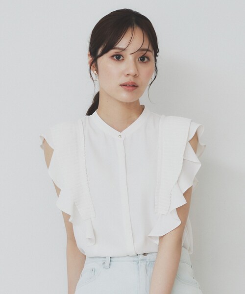 エストネーション 絶品 女っぷり フリル バンドカラー シャツ ブラウス 白 エストネーション 絶品 女っぷり フリル バンドカラー シャツ
