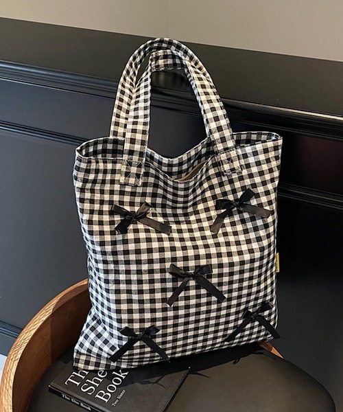 Mignonjour（ミニョンジュール）の「Mignonjour/リボンチェック柄トートバッグ M2778（トートバッグ・レディース・ブラック/レッド・FREE）」の2枚目の写真