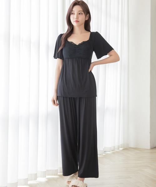 ラクシアスリープ》ナイトブラキャミ半袖フレア&ロングパンツ（ルーム