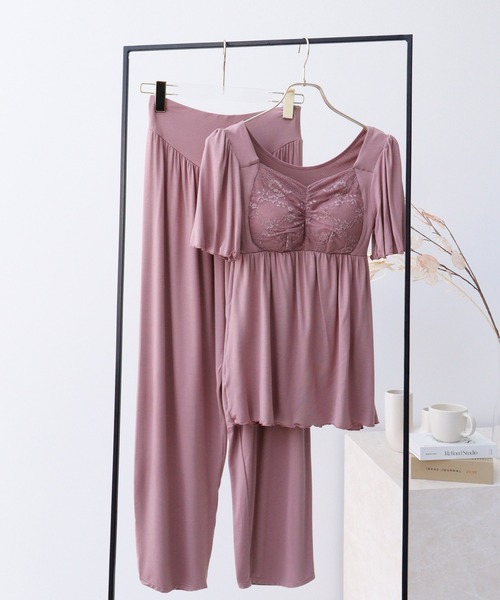 ラクシアスリープ》ナイトブラキャミ半袖フレア&ロングパンツ（ルーム